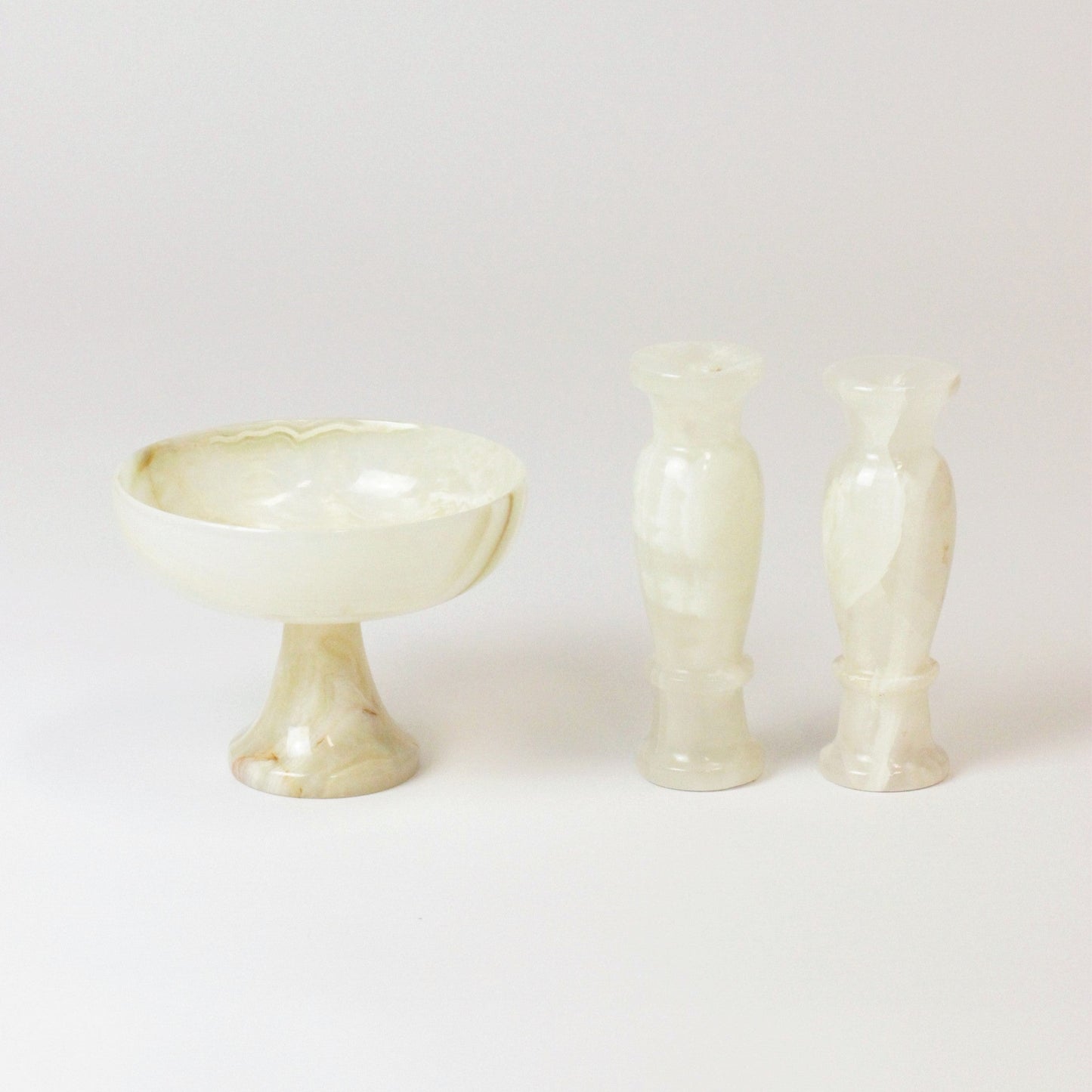 PEARLESCENT-STYLE ONYX PEDESTAL BOWL & CANDLE-HOLDER SET