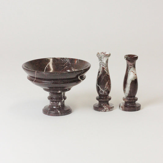 MARBLE PEDESTAL BOWL W/ MATCHING CANDLE-HOLDER SET I