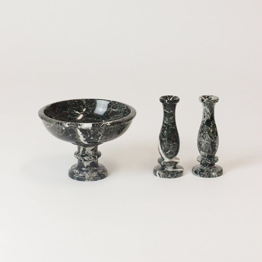 MARBLE PEDESTAL BOWL W/ MATCHING CANDLE-HOLDER SET II